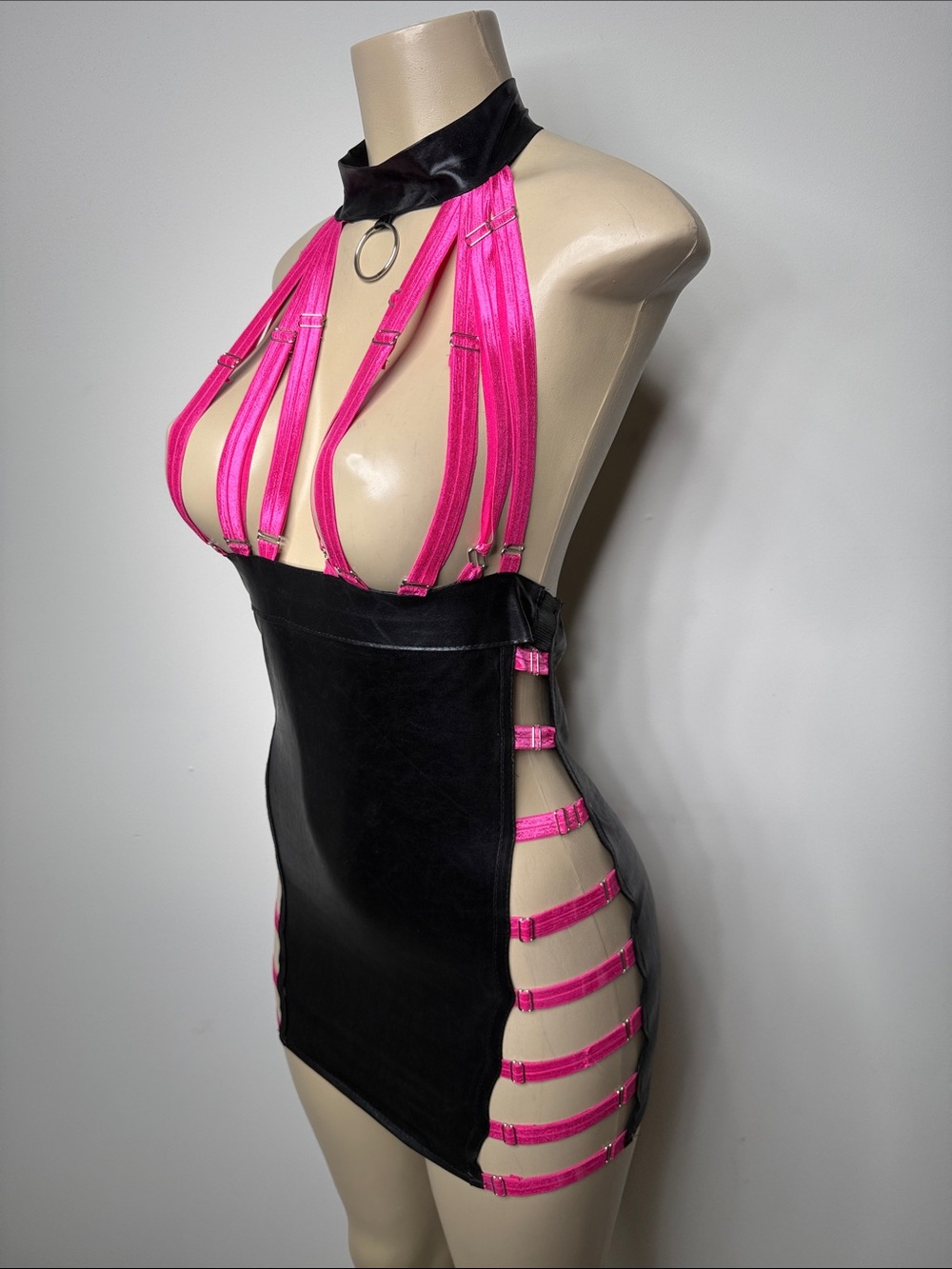 Hot Pink Strappy Cutout Chemise with Black Paneling - Picture 2 of 5